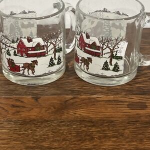 Vintage Libbey Glass Winter Village Snow Scene Coffee Mug Made in USA Set of 2